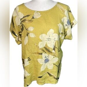 Bellambia Yellow Floral Linen Short Sleeve Blouse Size Small